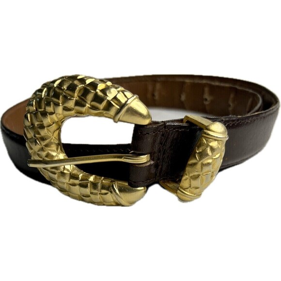 Linda Allard Ellen Tracy Buffalo Calf Brown Belt With Large Gold Buckle‎ Size M - Picture 1 of 8